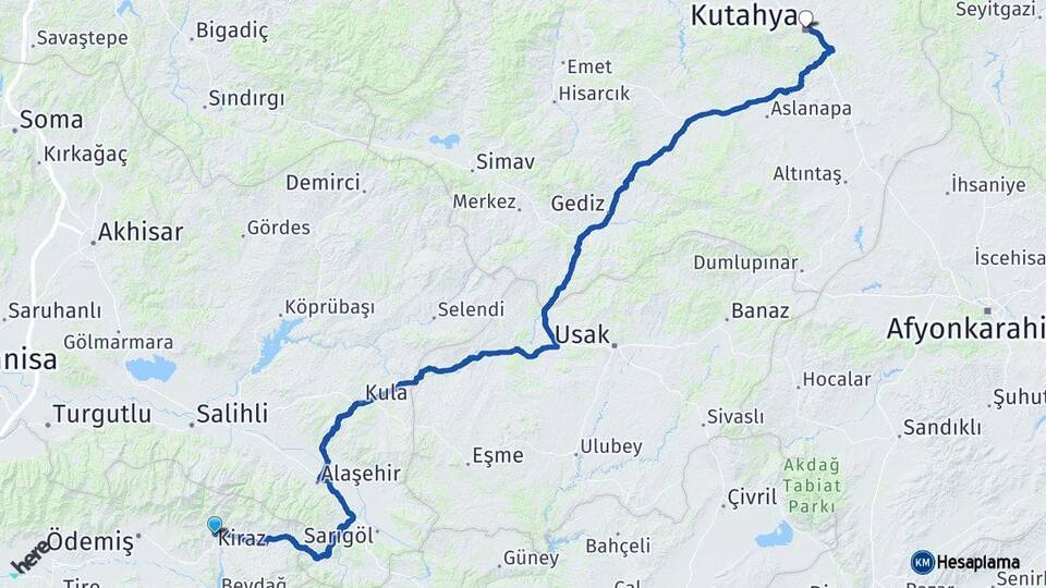 İzmir Kiraz Kütahya Arası Kaç Km - Yol Haritası
