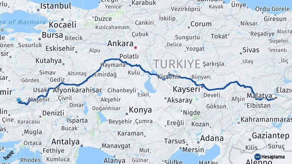 İzmir Kiraz Malatya Arası Kaç Km - Yol Haritası