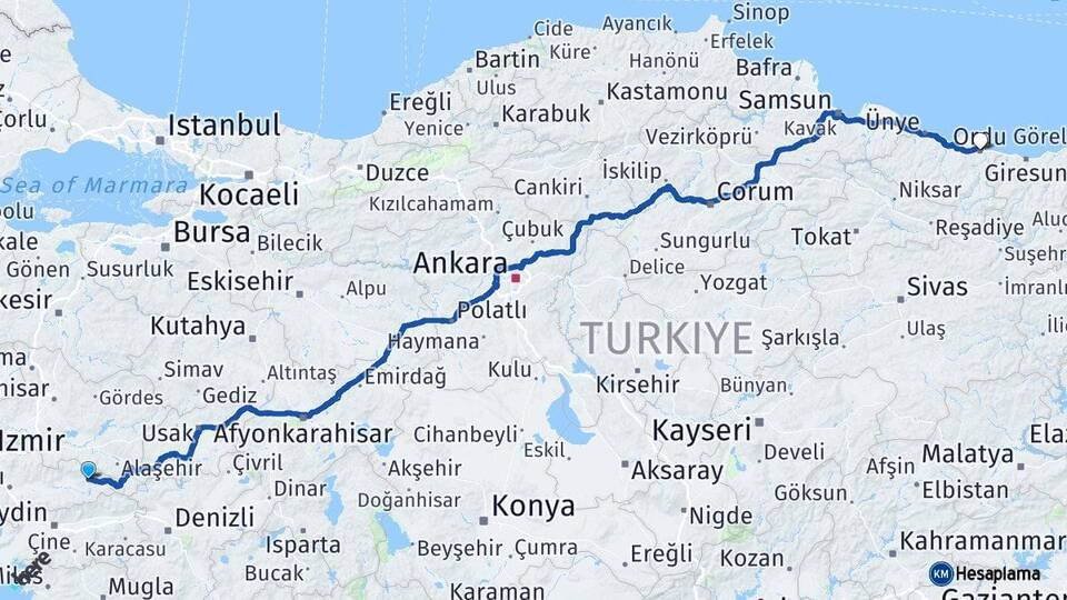 İzmir Kiraz Ordu Arası Kaç Km - Yol Haritası