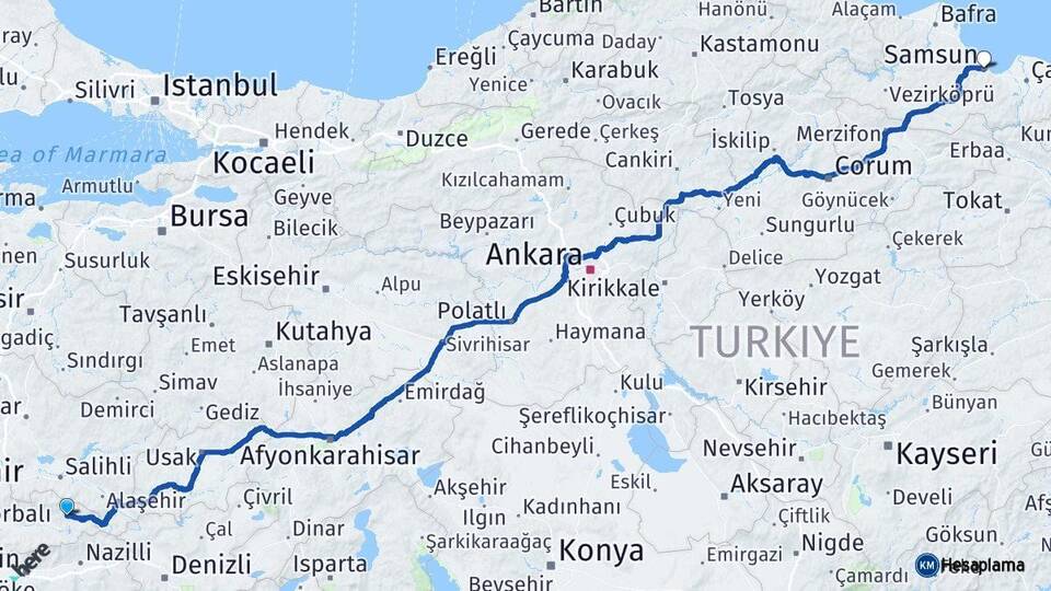 İzmir Kiraz Samsun Arası Kaç Km - Yol Haritası