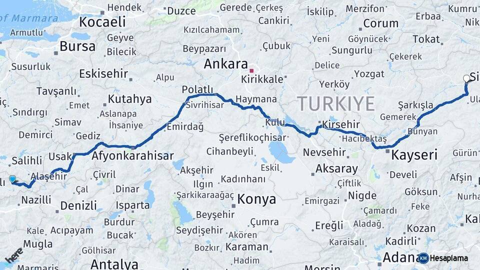 İzmir Kiraz Sivas Arası Kaç Km - Yol Haritası