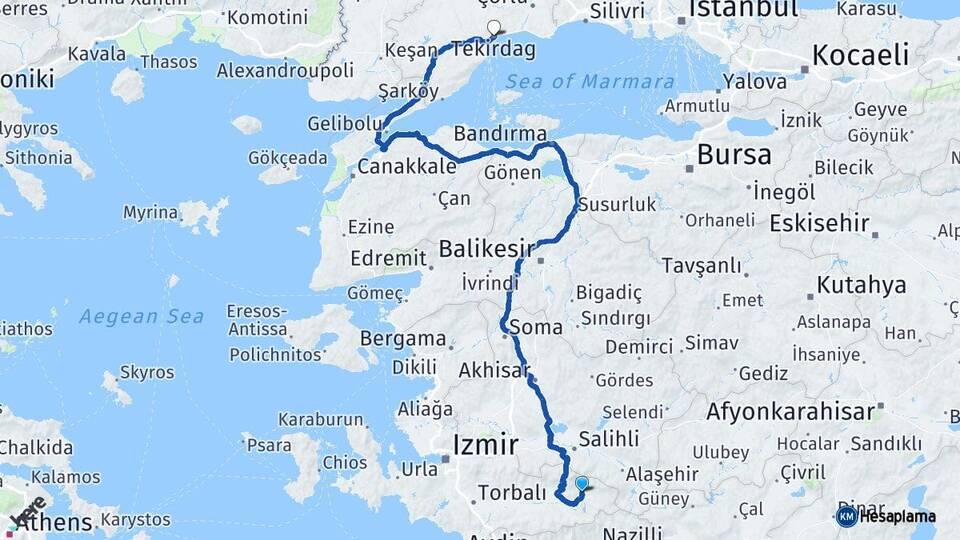 İzmir Kiraz Tekirdağ Arası Kaç Km - Yol Haritası
