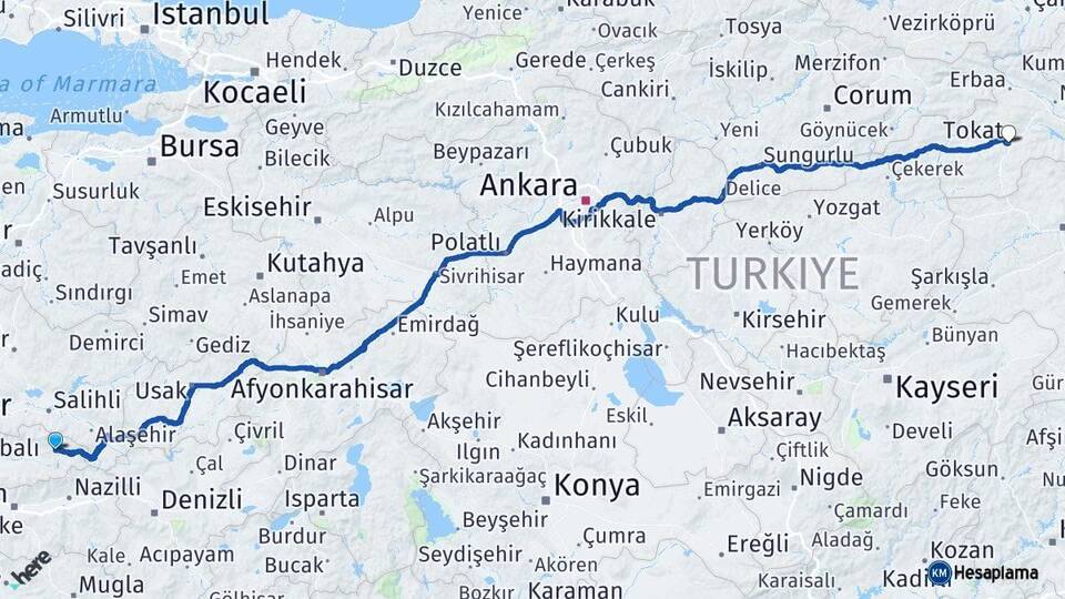 İzmir Kiraz Tokat Arası Kaç Km - Yol Haritası
