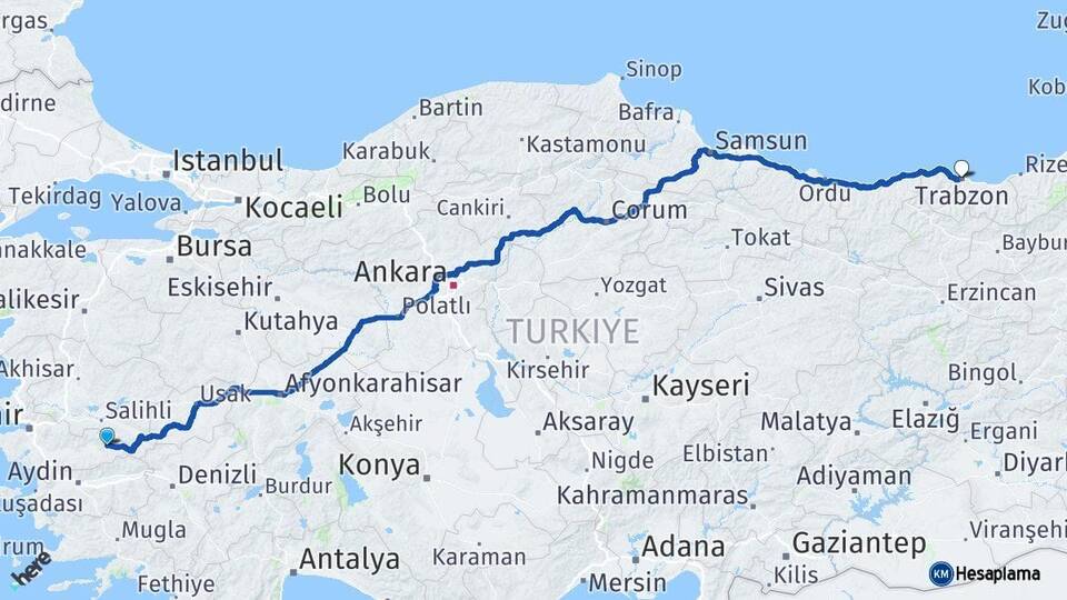İzmir Kiraz Trabzon Arası Kaç Km - Yol Haritası
