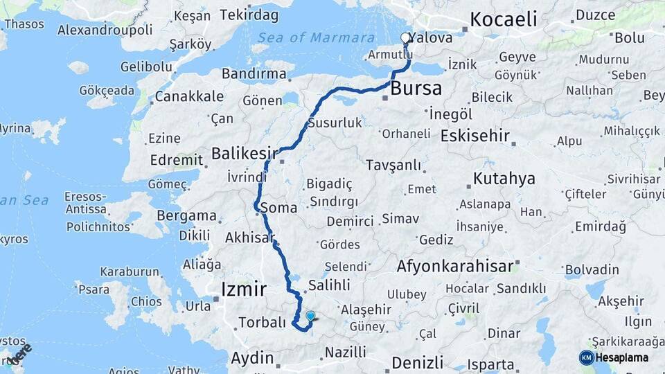 İzmir Kiraz Yalova Arası Kaç Km - Yol Haritası