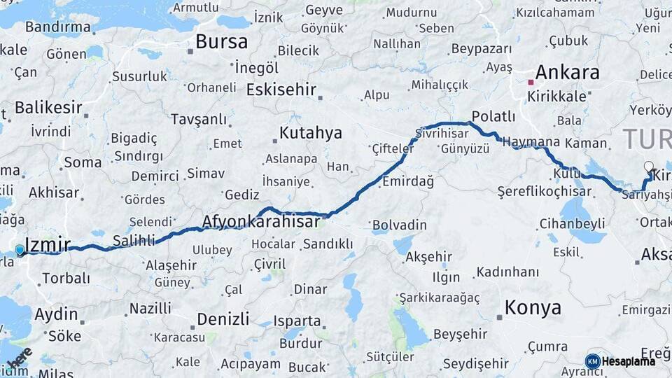 İzmir Kırşehir Arası Kaç Km - Yol Haritası