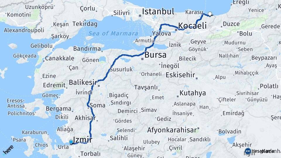 İzmir Kocaali Sakarya Arası Kaç Km - Yol Haritası