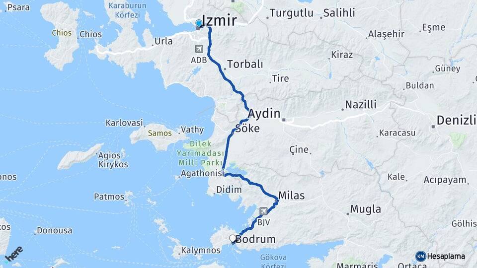 İzmir Konak Alsancak Bodrum Muğla Arası Kaç Km - Yol Haritası