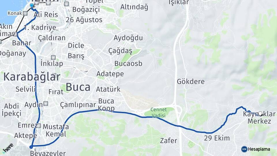 İzmir Konak Kaynaklar Buca Arası Kaç Km - Yol Haritası