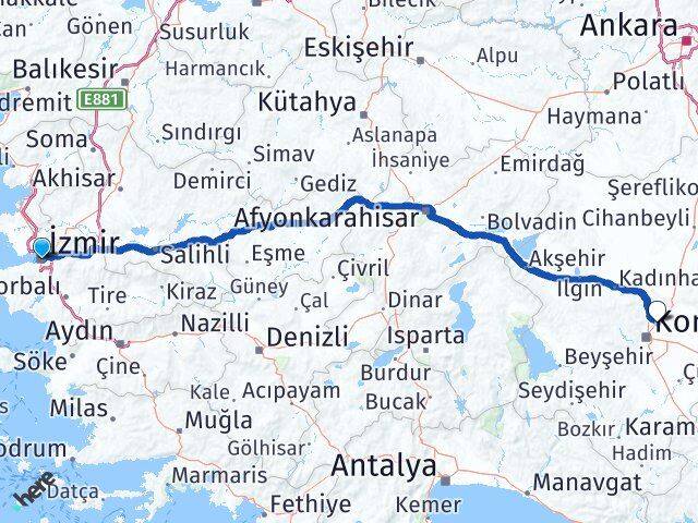 İzmir Konya Havalimanı Arası Kaç Km - Yol Haritası