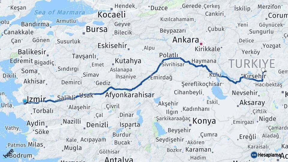 İzmir Kozaklı Nevşehir Arası Kaç Km - Yol Haritası