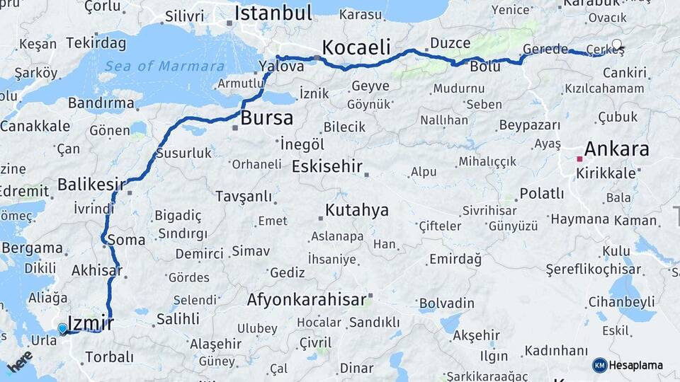 İzmir Kurşunlu Çankırı Arası Kaç Km - Yol Haritası