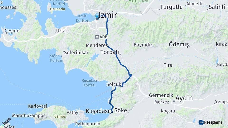 İzmir Kuşadası Aydın Arası Kaç Km - Yol Haritası