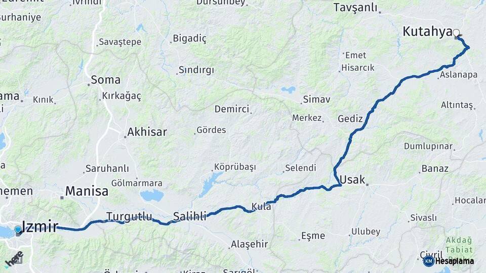 İzmir Kütahya Arası Kaç Km - Yol Haritası