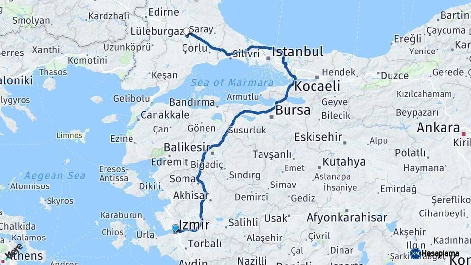 İzmir Lüleburgaz Kırklareli Arası Kaç Km - Yol Haritası