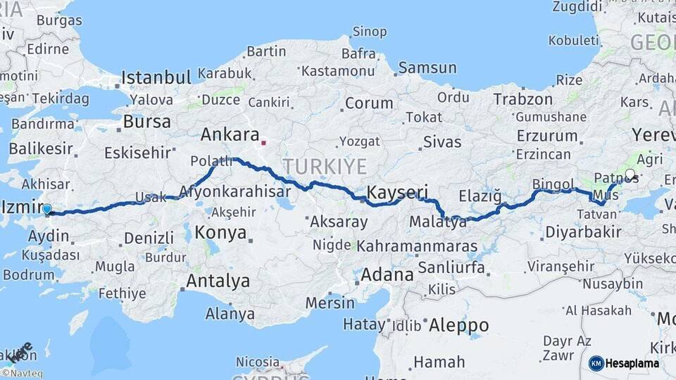 İzmir Malazgirt Muş Arası Kaç Km - Yol Haritası