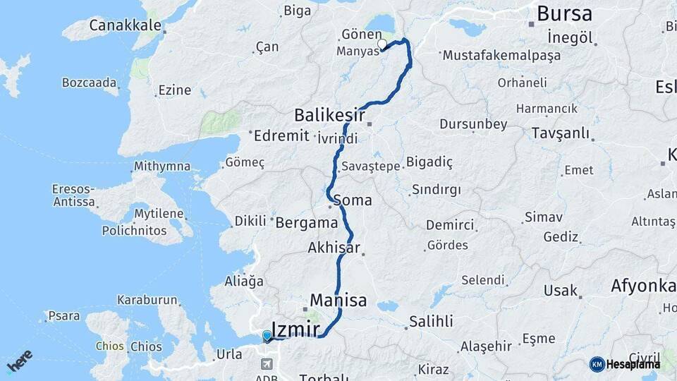 İzmir Manyas Balıkesir Arası Kaç Km - Yol Haritası