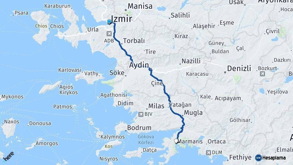 İzmir Marmaris Muğla Arası Kaç Km - Yol Haritası