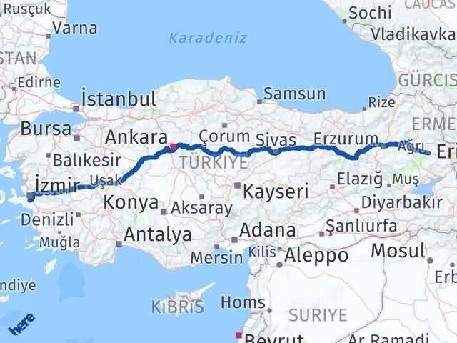 İzmir Menderes Ağrı Arası Kaç Km - Yol Haritası