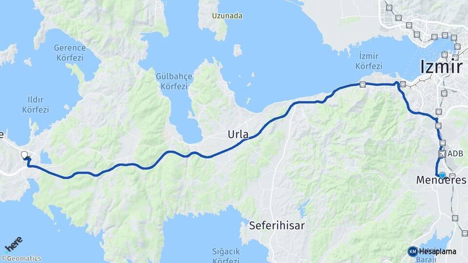 İzmir Menderes Alaçatı Çeşme Arası Kaç Km - Yol Haritası