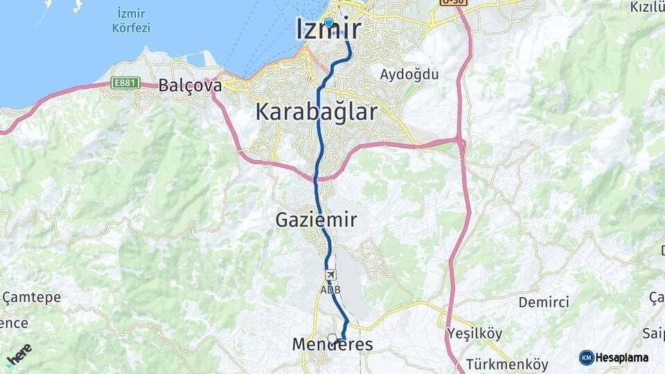 İzmir Menderes Arası Kaç Km - Yol Haritası