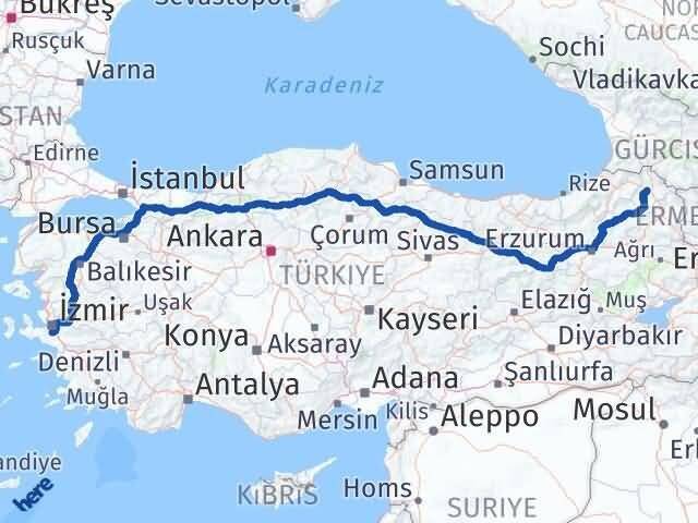 İzmir Menderes Ardahan Arası Kaç Km - Yol Haritası