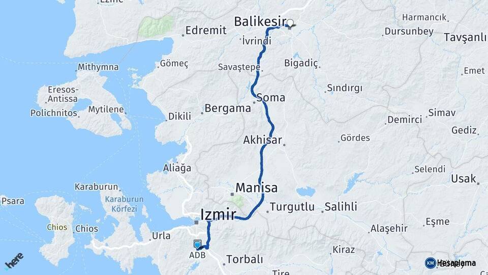 İzmir Menderes Balıkesir Arası Kaç Km - Yol Haritası