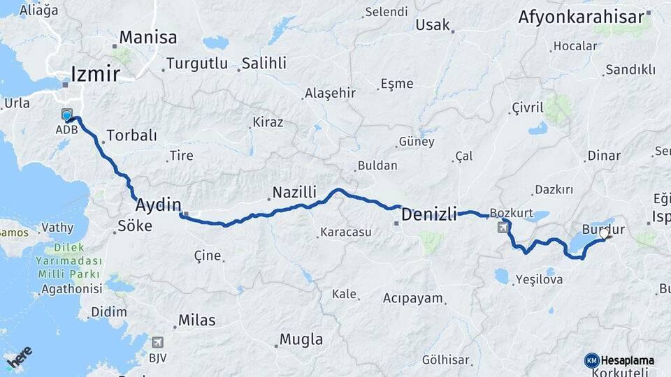 İzmir Menderes Burdur Arası Kaç Km - Yol Haritası