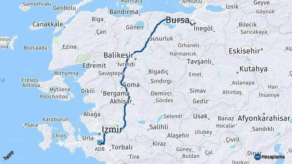 İzmir Menderes Bursa Arası Kaç Km - Yol Haritası