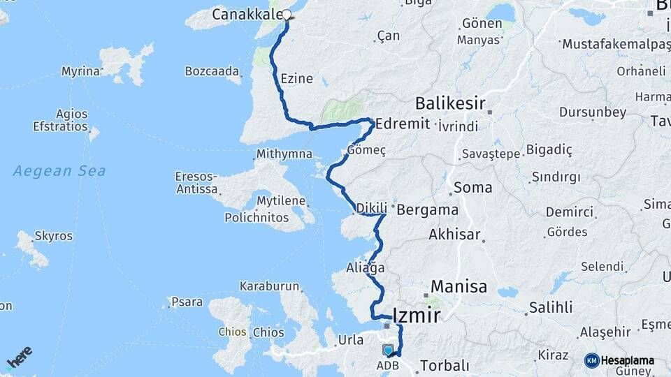 İzmir Menderes Çanakkale Arası Kaç Km - Yol Haritası
