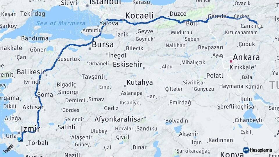 İzmir Menderes Çankırı Arası Kaç Km - Yol Haritası