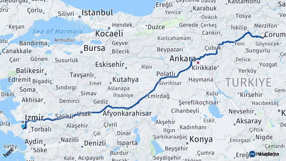 İzmir Menderes Çorum Arası Kaç Km - Yol Haritası