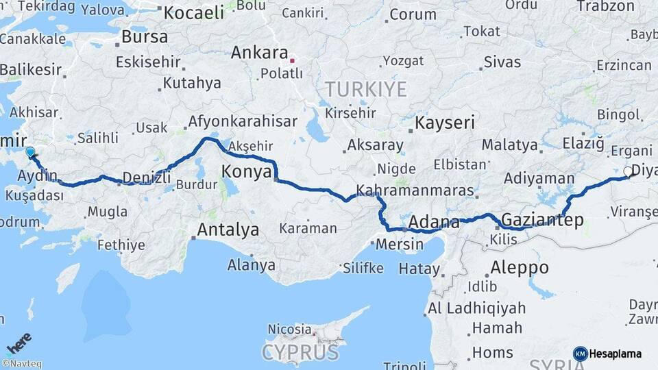 İzmir Menderes Diyarbakır Arası Kaç Km - Yol Haritası
