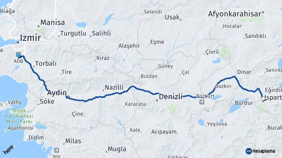 İzmir Menderes Isparta Arası Kaç Km - Yol Haritası