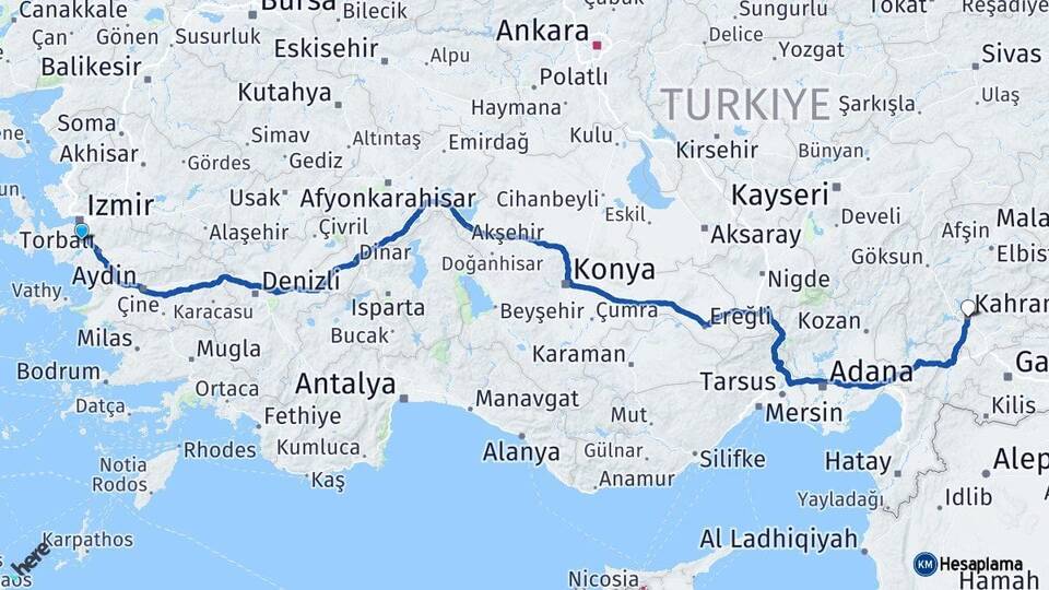 İzmir Menderes Kahramanmaraş Arası Kaç Km - Yol Haritası