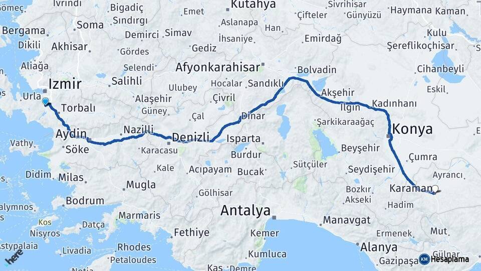 İzmir Menderes Karaman Arası Kaç Km - Yol Haritası