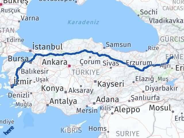İzmir Menderes Kars Arası Kaç Km - Yol Haritası