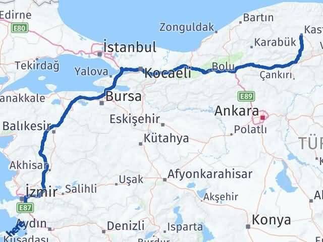 İzmir Menderes Kastamonu Arası Kaç Km - Yol Haritası