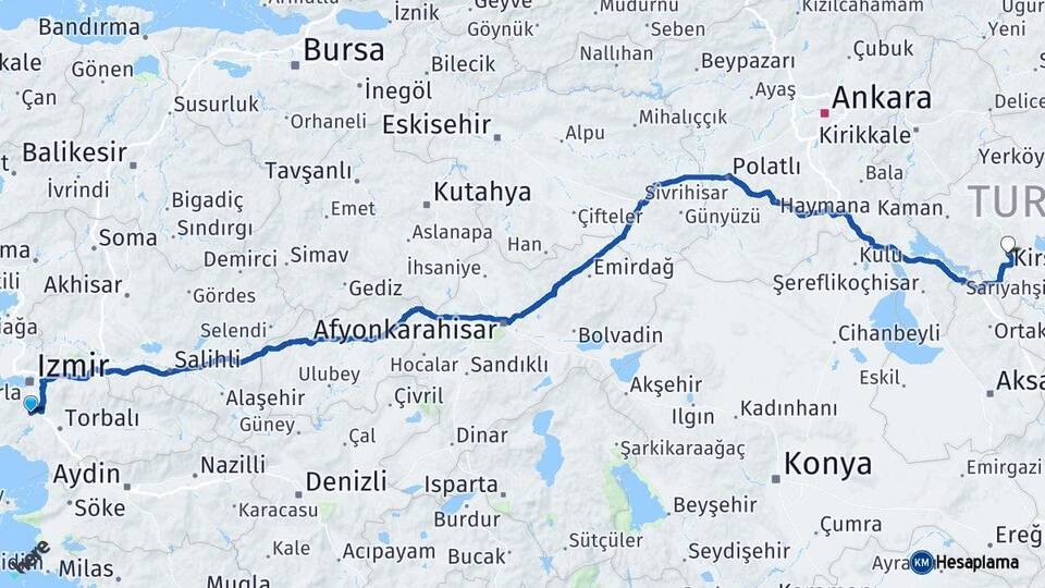 İzmir Menderes Kırşehir Arası Kaç Km - Yol Haritası
