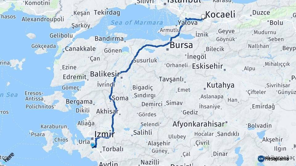 İzmir Menderes Kocaeli Arası Kaç Km - Yol Haritası