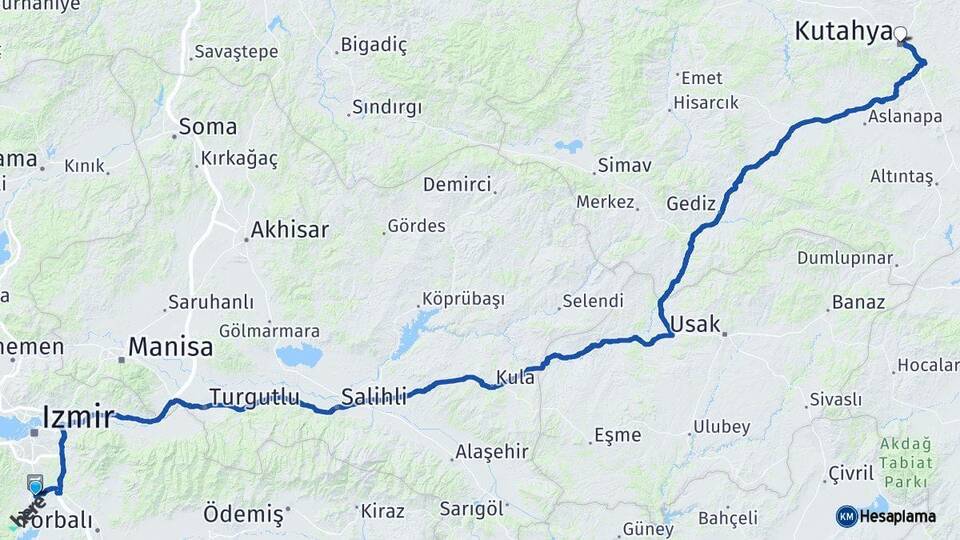 İzmir Menderes Kütahya Arası Kaç Km - Yol Haritası