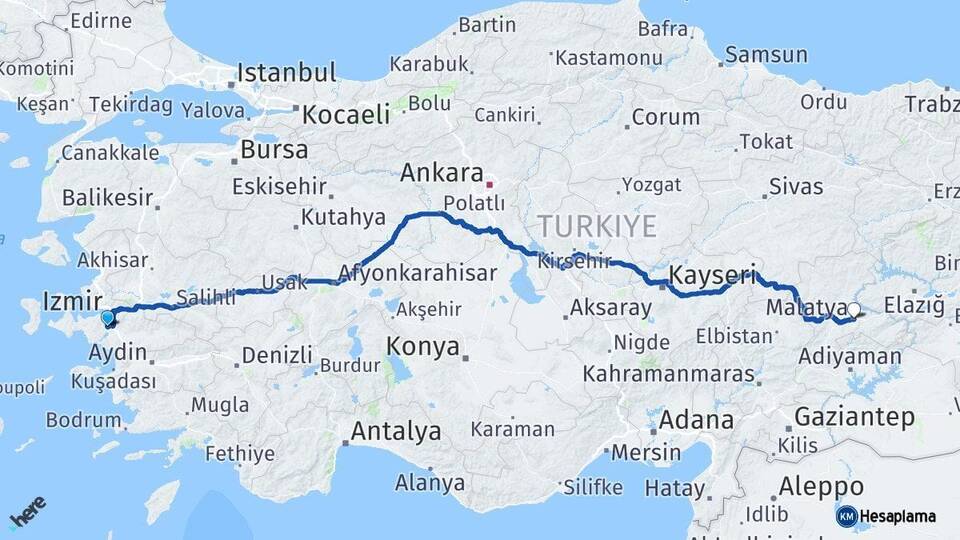 İzmir Menderes Malatya Arası Kaç Km - Yol Haritası