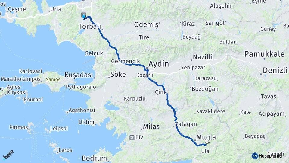 İzmir Menderes Muğla Arası Kaç Km - Yol Haritası