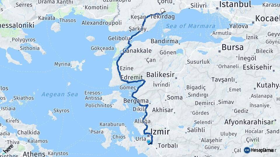 İzmir Menderes Tekirdağ Arası Kaç Km - Yol Haritası