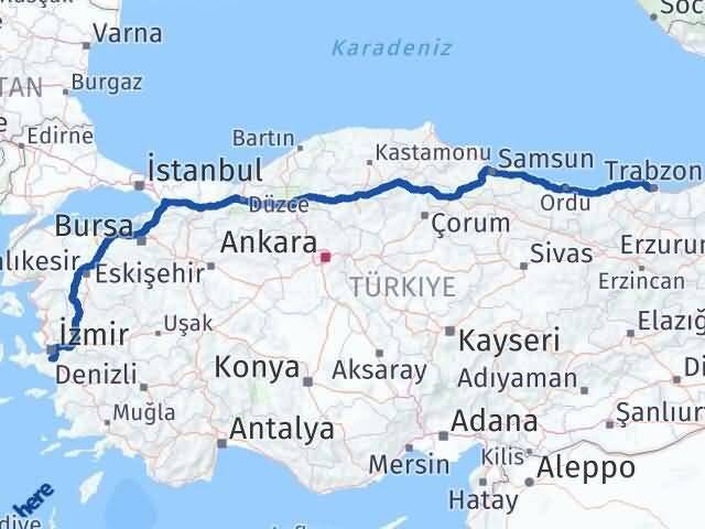 İzmir Menderes Trabzon Arası Kaç Km - Yol Haritası