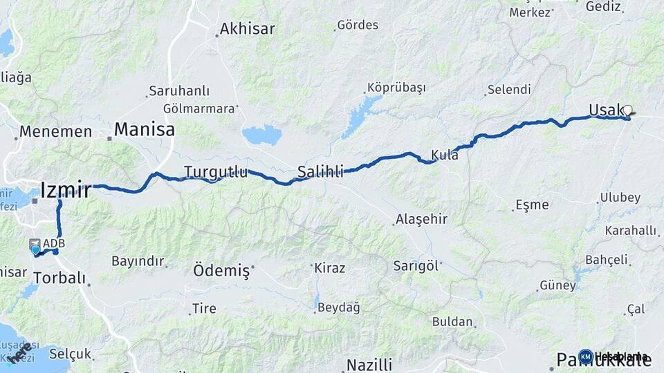 İzmir Menderes Uşak Arası Kaç Km - Yol Haritası