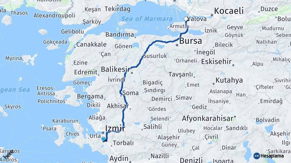 İzmir Menderes Yalova Arası Kaç Km - Yol Haritası