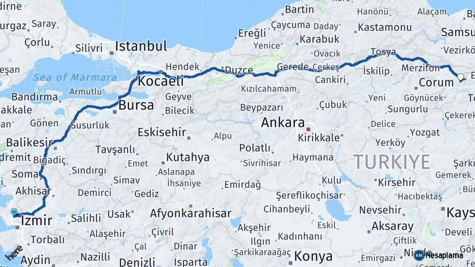 İzmir Menemen Amasya Arası Kaç Km - Yol Haritası