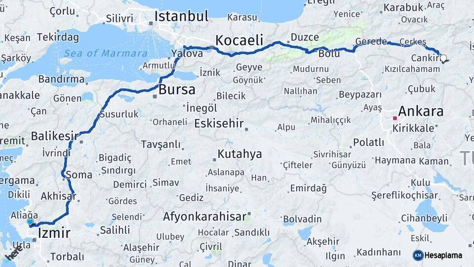 İzmir Menemen Çankırı Arası Kaç Km - Yol Haritası