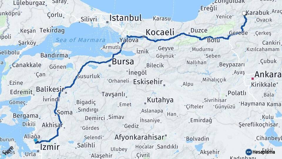 İzmir Menemen Karabük Arası Kaç Km - Yol Haritası